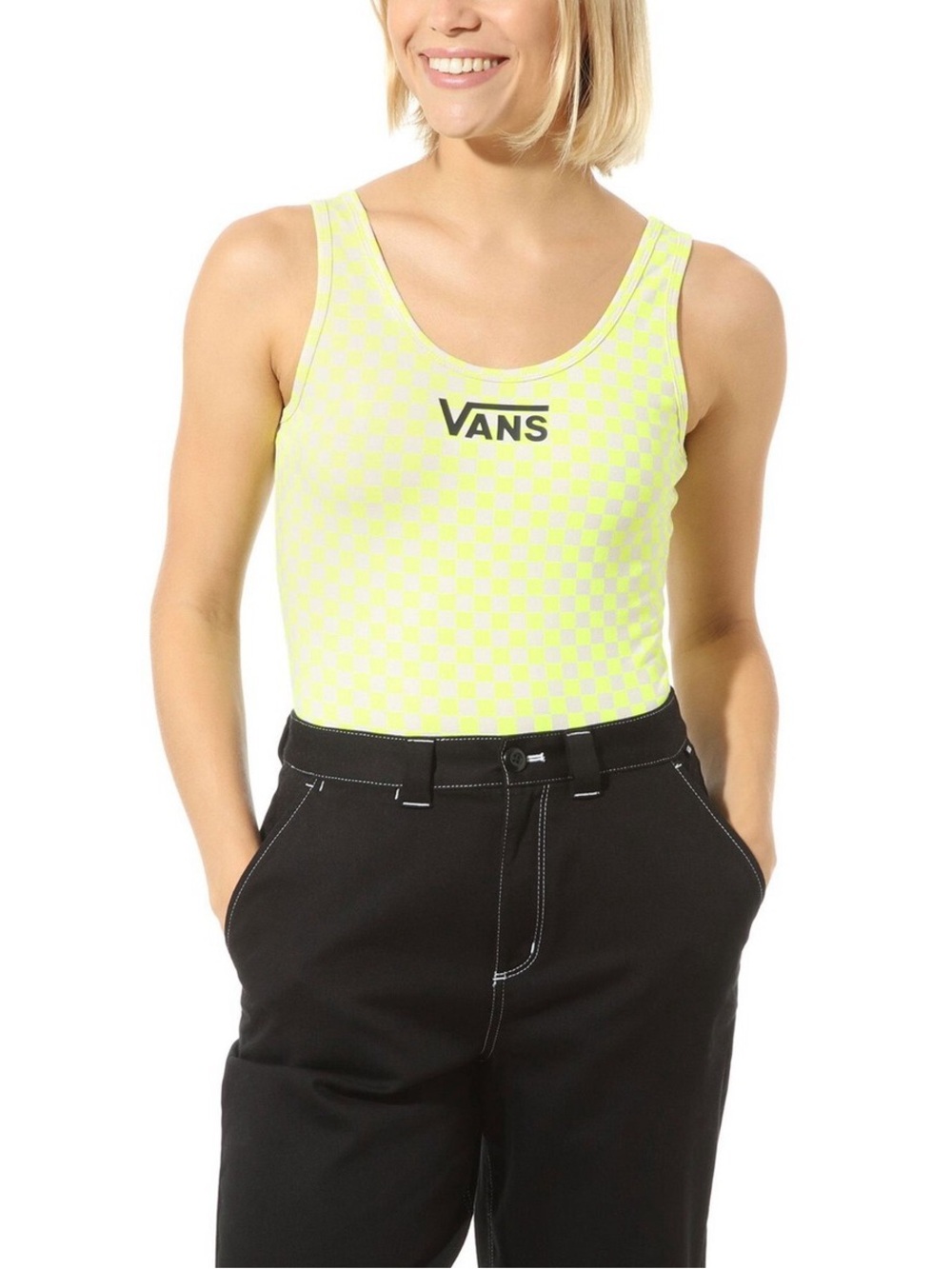Vans Neon Yellow Checkerboard Bodysuit Logo Tank Top Women’s XS